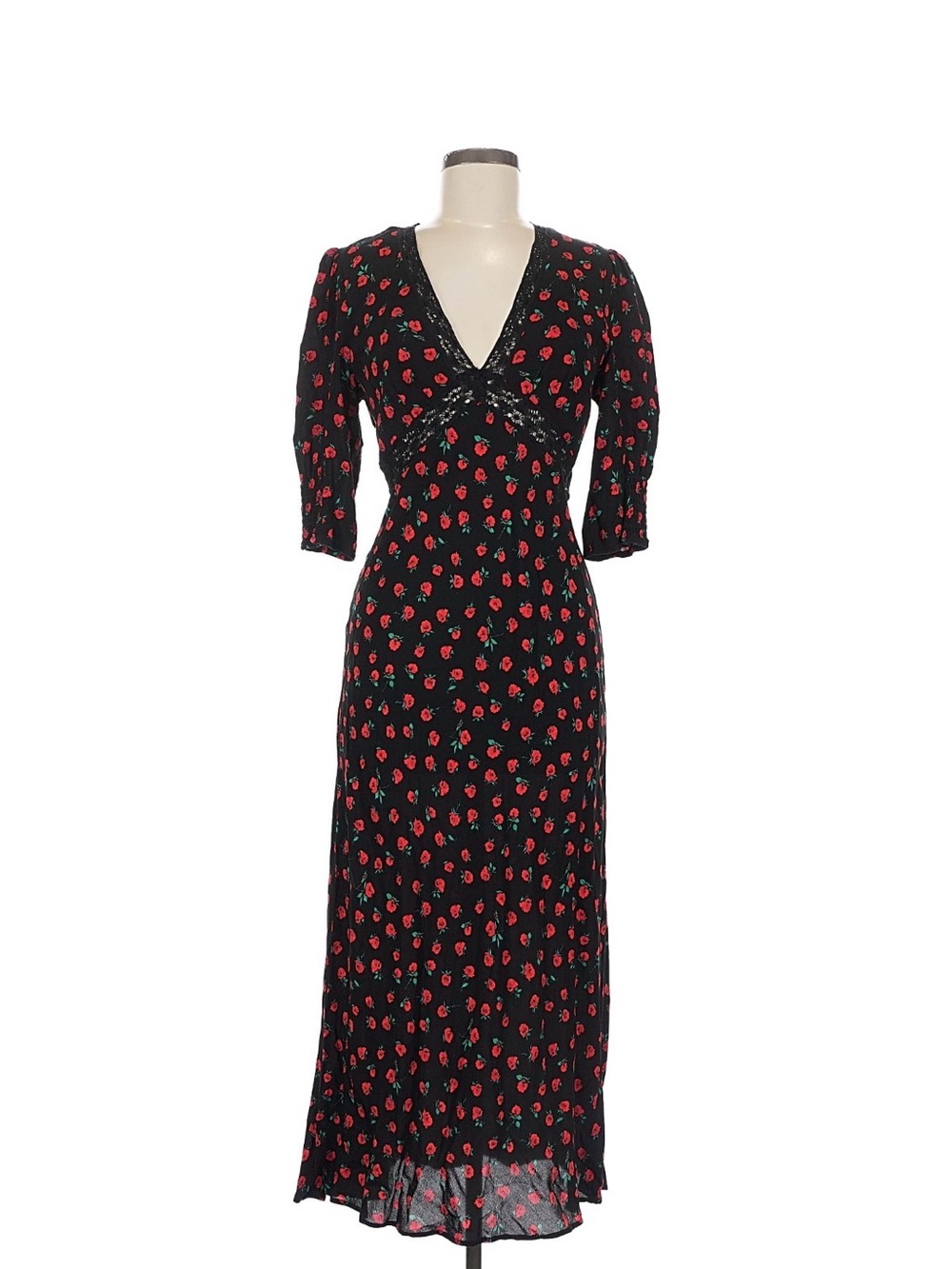 RIXO Black Maxi Dress with Red Floral Print